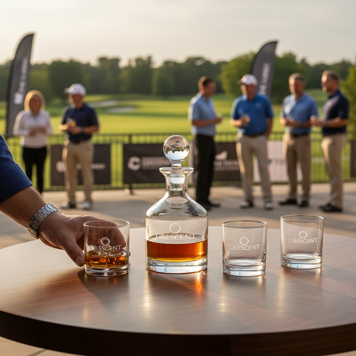Custom Logo Whiskey Decanter & Set of 4 Glasses (5 Piece Set) - Tournamentshowroom.com