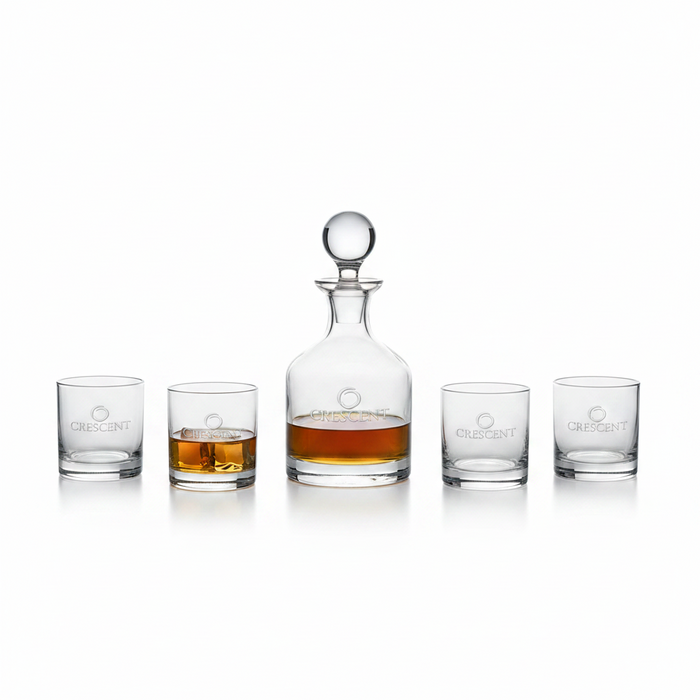 Custom Logo Whiskey Decanter & Set of 4 Glasses (5 Piece Set) - Tournamentshowroom.com