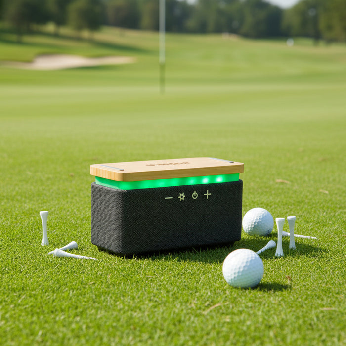 Custom Logo FSC® Bamboo & Fabric Bluetooth Speaker with Wireless Charging Pad - Tournamentshowroom.com