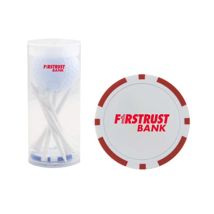 Custom Logo Golf 1 Ball & 5 Tee Tube Kit with Poker Chip Ball Marker