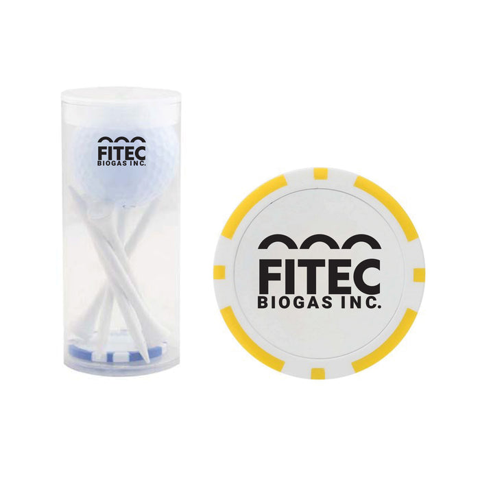 Custom Logo Golf 1 Ball & 5 Tee Tube Kit with Poker Chip Ball Marker