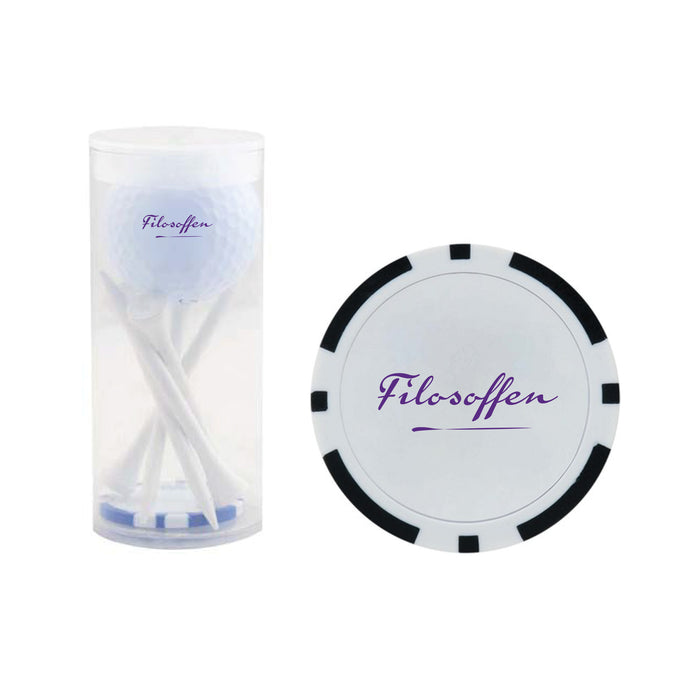 Custom Logo Golf 1 Ball & 5 Tee Tube Kit with Poker Chip Ball Marker