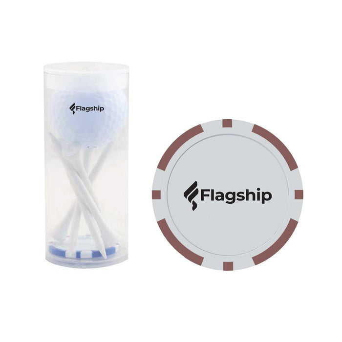 Custom Logo Golf 1 Ball & 5 Tee Tube Kit with Poker Chip Ball Marker