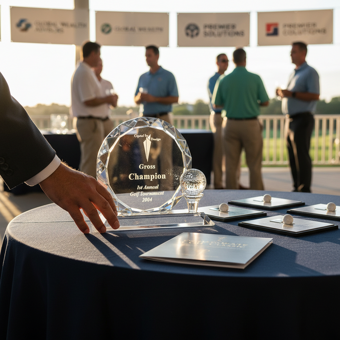 Custom Logo Carved Round Crystal Golf Trophy with Golf Ball