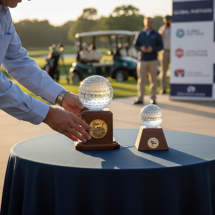 Custom Logo Crystal & Rosewood Golf Ball Trophy - Tournamentshowroom.com