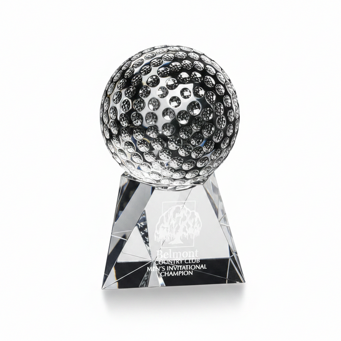 Custom Logo Engraved Triangular Based Sport Ball Crystal Golf Award - Tournamentshowroom.com