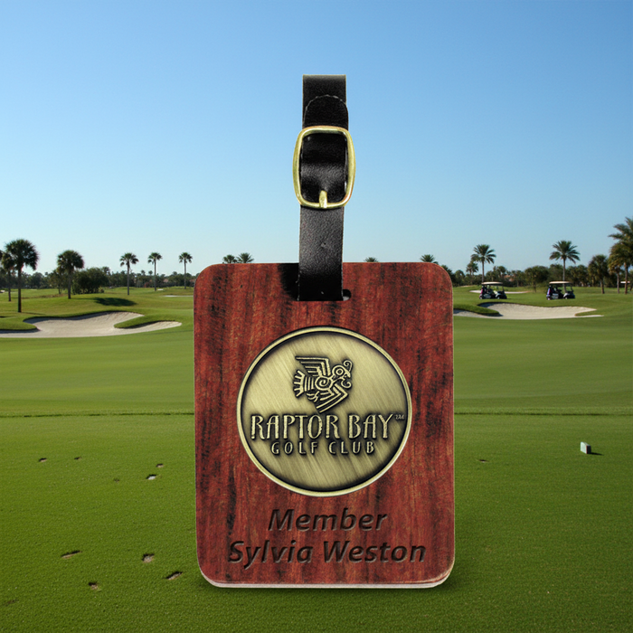 Rosewood Rectangle Golf Bag Tag with 2" Custom Metal Medallion - Tournamentshowroom.com