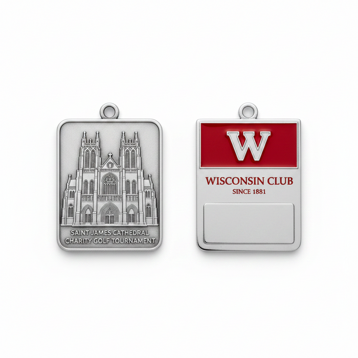 Custom Logo Cast Metal Golf Bag Tag with Leatherette Strap - Tournamentshowroom.com