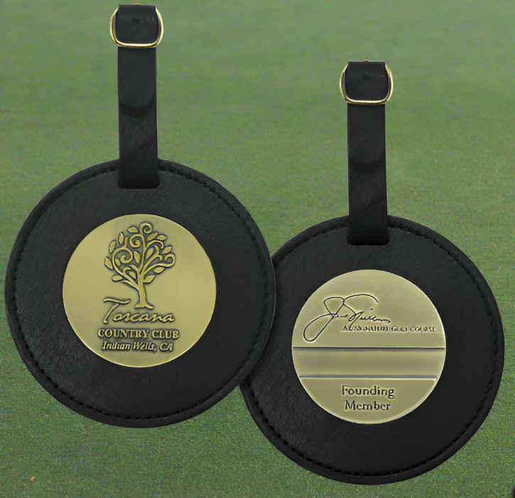 Premium Round Leather Golf Bag Tag with Dual Custom Metal Medallions - Tournamentshowroom.com