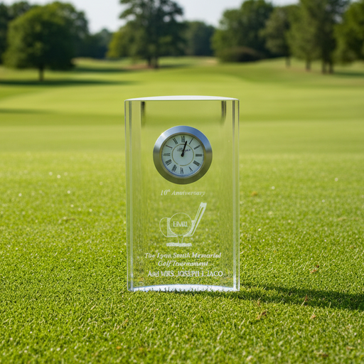 Custom Logo Etched Golf Crystal Award Clock - Tournamentshowroom.com