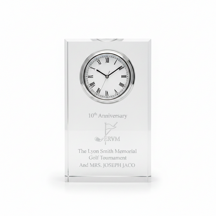 Custom Logo Etched Golf Crystal Award Clock - Tournamentshowroom.com