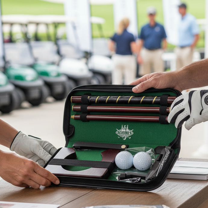 Custom Logo Leather Golf Putter Gift Set in Black Travel Case - Tournamentshowroom.com
