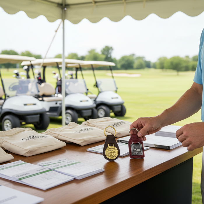 Custom Logo Leather Golf Key Chain with Antique Coin Emblem - Tournamentshowroom.com