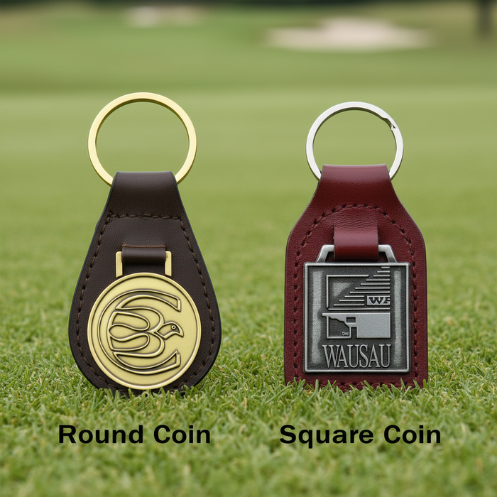 Custom Logo Leather Golf Key Chain with Antique Coin Emblem - Tournamentshowroom.com