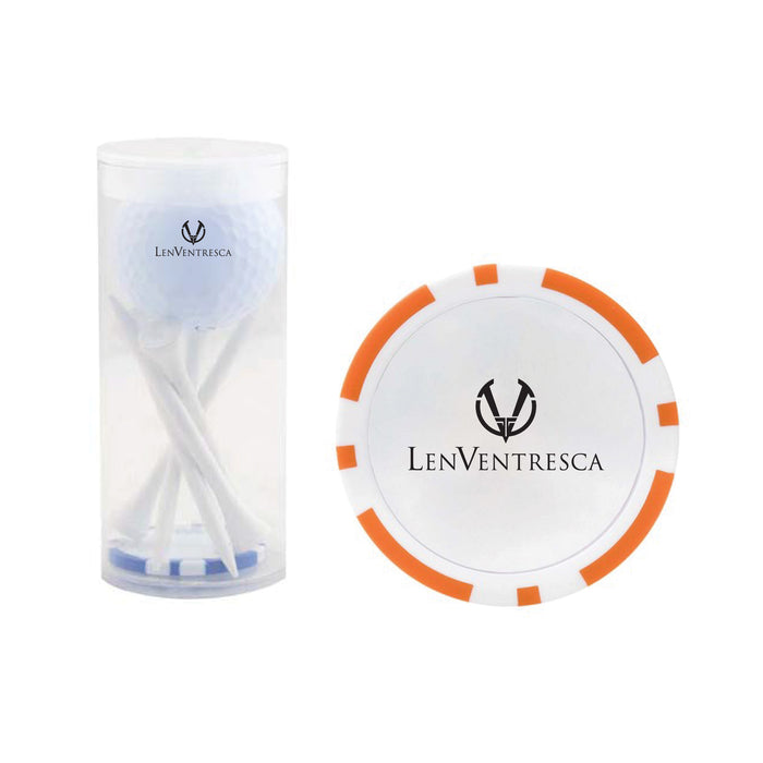 Custom Logo Golf 1 Ball & 5 Tee Tube Kit with Poker Chip Ball Marker
