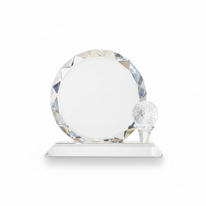 Custom Logo Carved Round Crystal Golf Trophy with Golf Ball