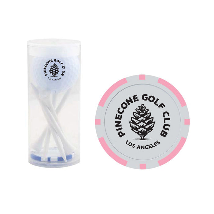 Custom Logo Golf 1 Ball & 5 Tee Tube Kit with Poker Chip Ball Marker