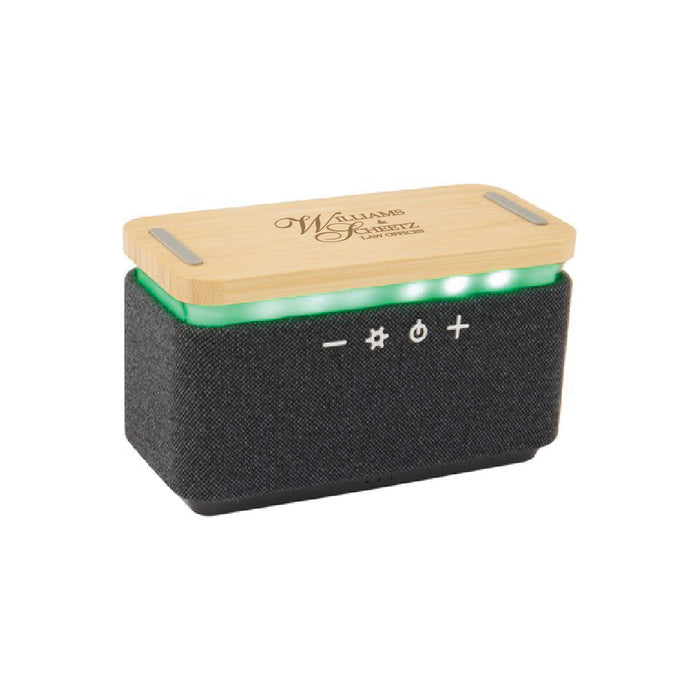 Custom Logo FSC® Bamboo & Fabric Bluetooth Speaker with Wireless Charging Pad - Tournamentshowroom.com