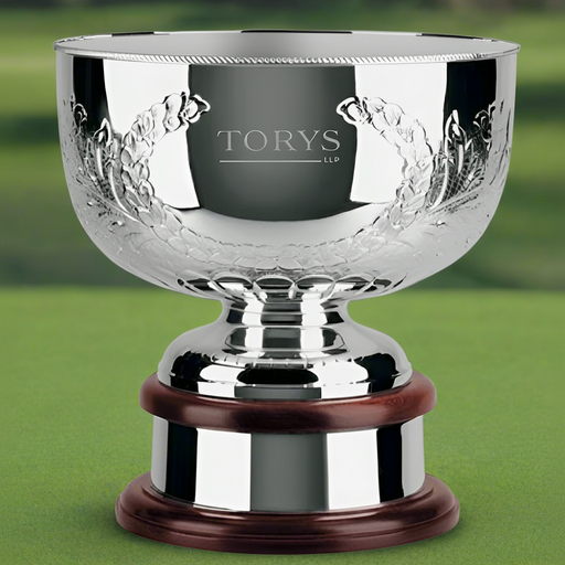 Custom Engraved Swatkins Supreme Laurel Wreath Bowl Award with silver-plated finish for golf tournament champions and corporate awards.
