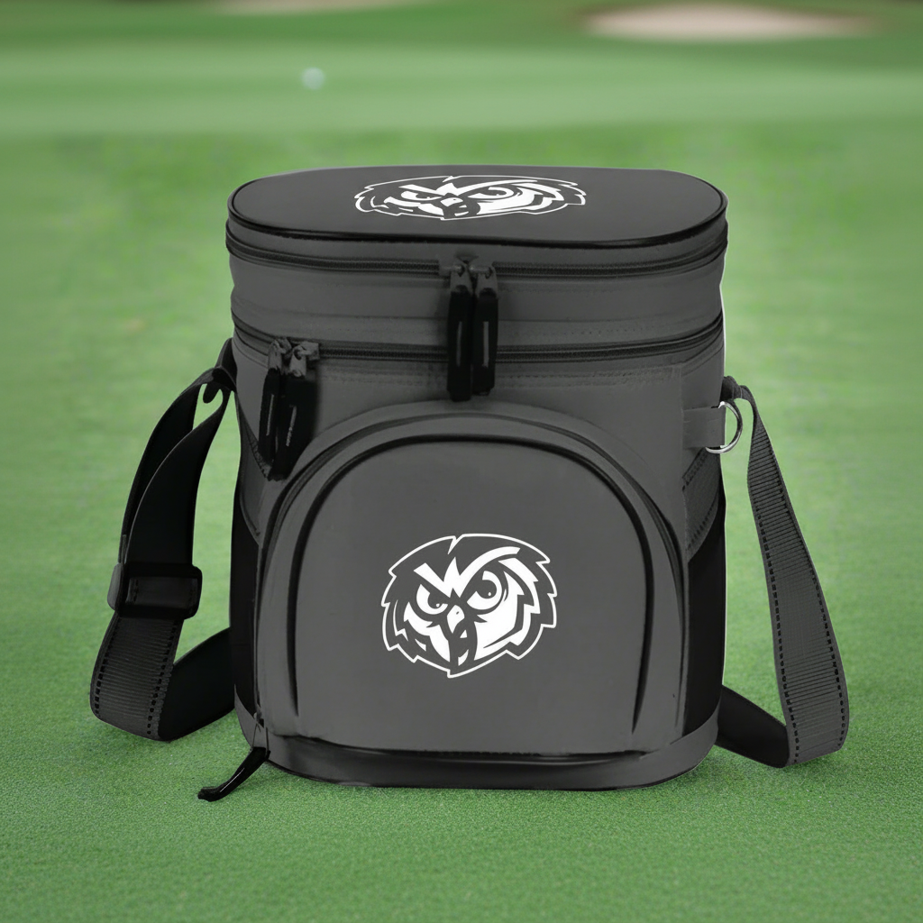 Custom logo 12-can golf cooler with insulated double compartments for golf tournaments and corporate outings