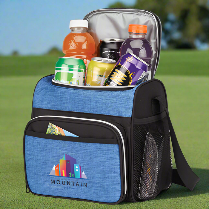 Custom Logo 12-can insulated golf cooler with shoulder strap for golf tournaments and promotional events.