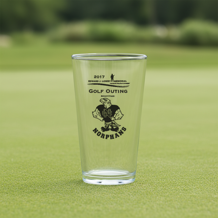 Custom logo 16 oz craft beer glass with branded imprint for golf tournaments and events