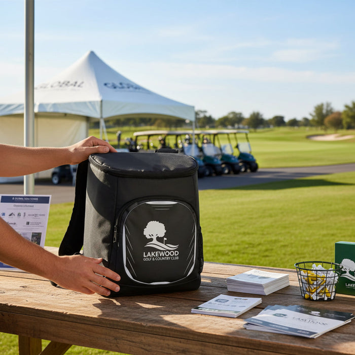 Custom logo 18-can cooler backpack for golf tournaments and branded merchandise programs