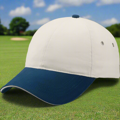 Custom Logo 2-Tone Cotton Twill Sandwich Golf Cap with embroidered logo for golf tournament giveaways.