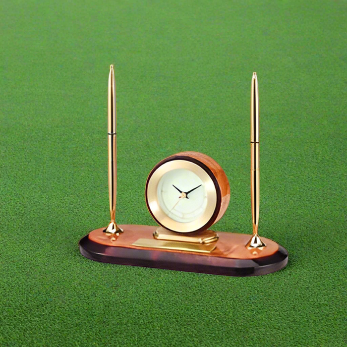 Custom Logo Burlwood Desk Set with engraved clock and gift box for golf tournament awards and corporate executive gifts.