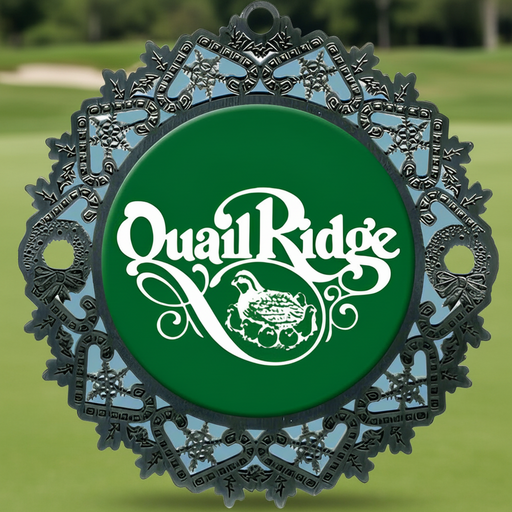 Custom Logo Candy Cane Wreath Golf Ornament in antique nickel for holiday golf tournaments and corporate gifts.
