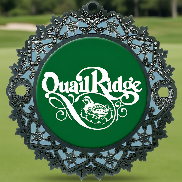 Custom Logo Candy Cane Wreath Golf Ornament in antique nickel for holiday golf tournaments and corporate gifts.