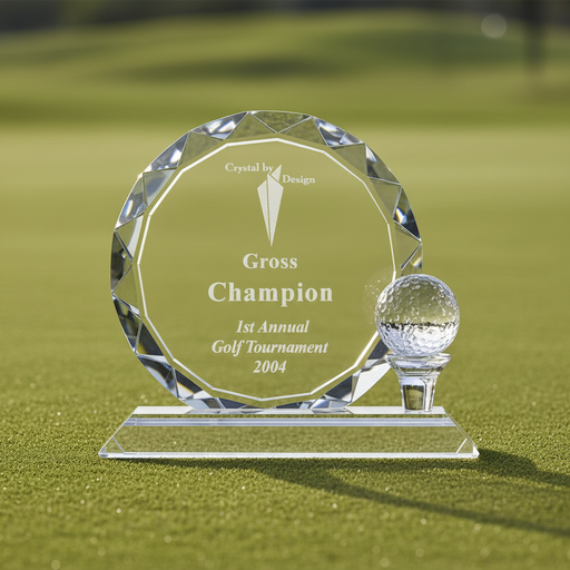 Custom Logo carved round crystal golf trophy with embedded golf ball for golf tournament champion awards.
