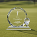 Custom Logo carved round crystal golf trophy with embedded golf ball for golf tournament champion awards.