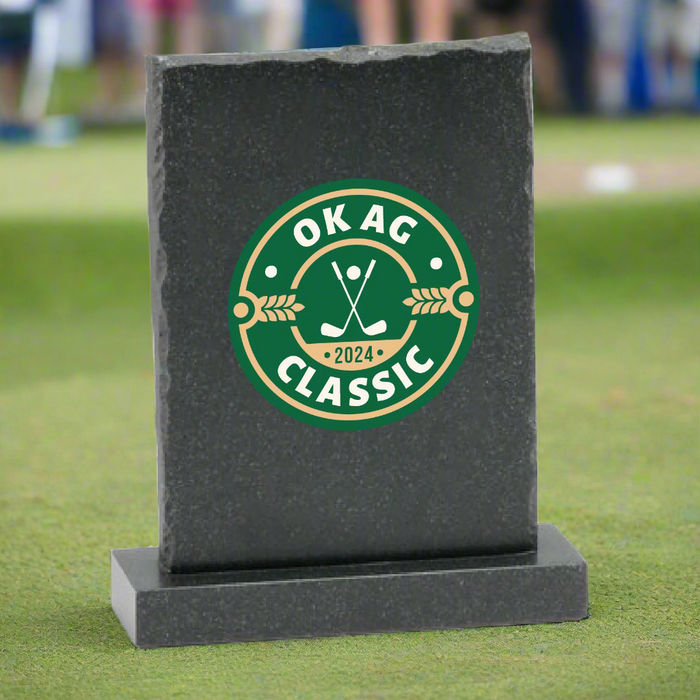 Custom Logo chiseled golf award with laser engraving for golf tournament awards and corporate recognition.