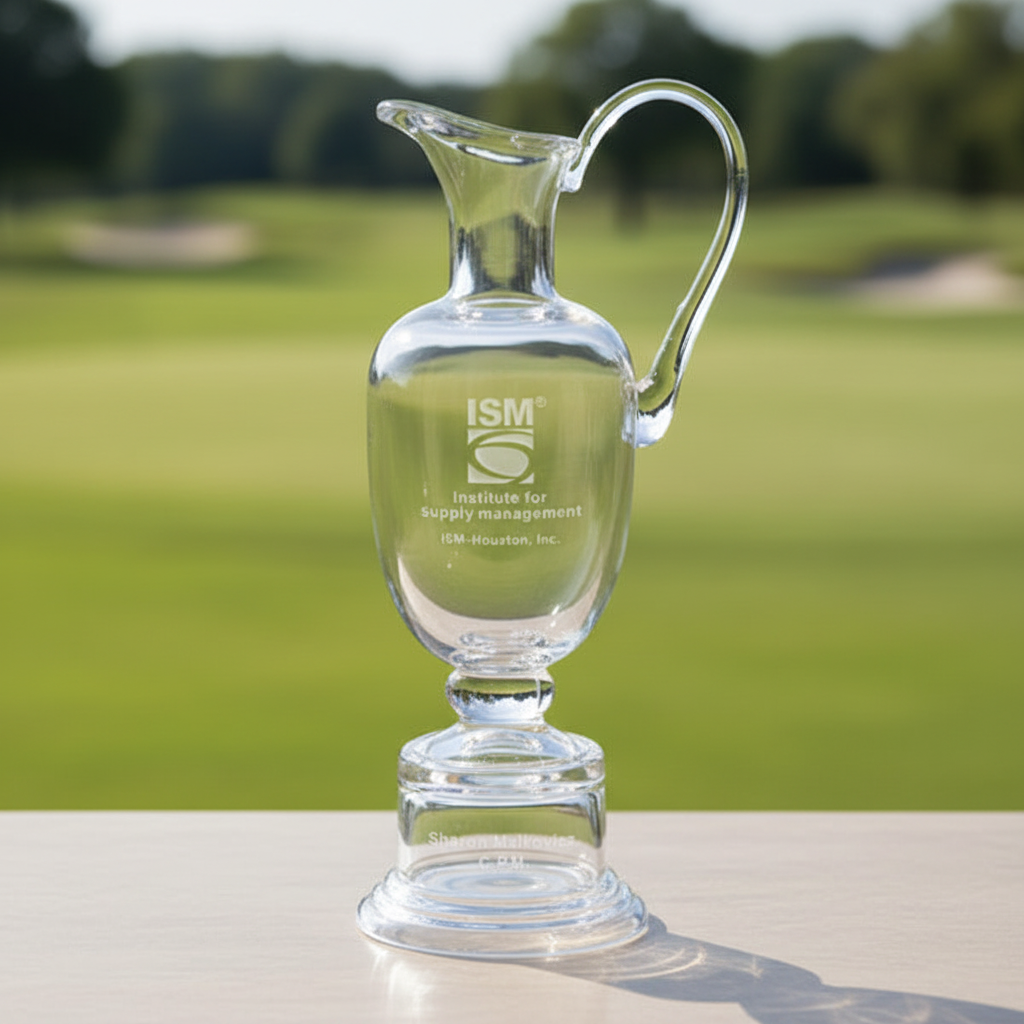 Custom Logo handblown Claret Cup crystal golf award with engraved logo for golf tournament winners.