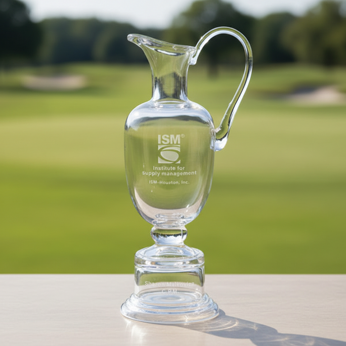 Custom Logo handblown Claret Cup crystal golf award with engraved logo for golf tournament winners.