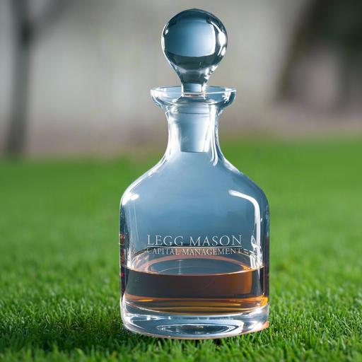 Custom Logo Classic Crystal Whiskey Decanter with deep etched logo for executive gifts and golf tournament awards.
