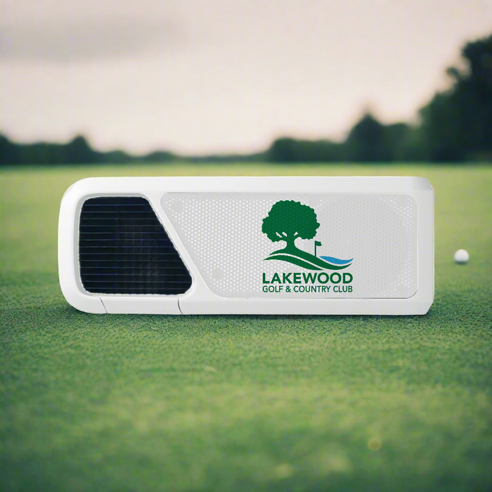 Custom Logo Clip Clap II Wireless Golf Speaker clipped to a golf bag for tournaments and promotional events.