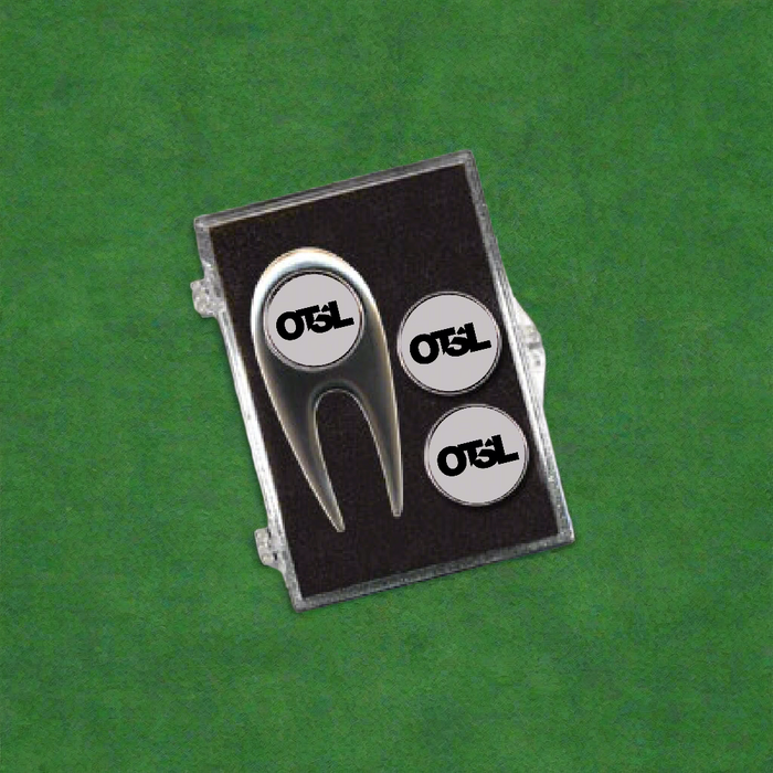 Custom Logo Contemporary Golf Divot Tool Kit with three ball markers for golf tournament giveaways and corporate events.