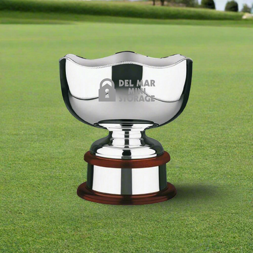 Custom Logo Corporate Executive Golf Award Bowl with engraved silver plated trophy and mahogany base.