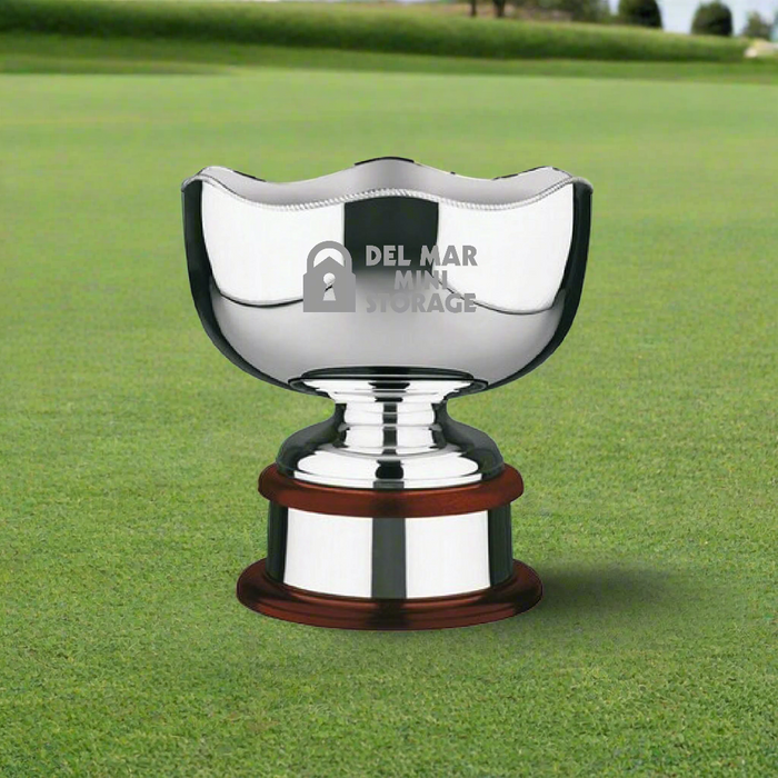 Custom Logo Corporate Executive Golf Award Bowl with engraved silver plated trophy and mahogany base.