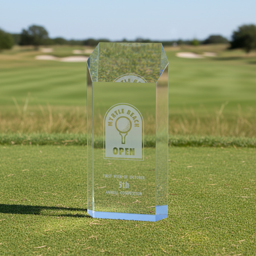 Custom Logo Corporate Golf Event Paperweight with engraved clear acrylic award for tournament winners and executive recognition.