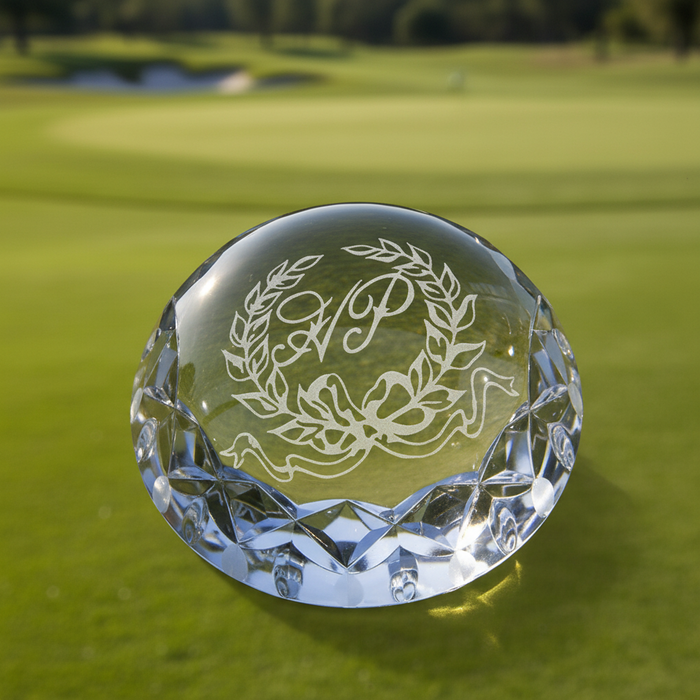 Custom Logo Crystal Golf Dome Paperweight with etched design for golf tournament awards and executive corporate gifts.