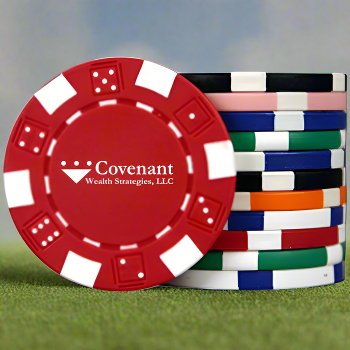 Custom Logo Dice Striped Golf Poker Chips with weighted design for golf tournaments and corporate giveaways.