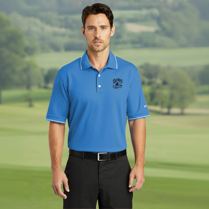Custom Logo Embroidered Nike Men's Dri-FIT Classic Tipped Sport Shirt with embroidered company logo for golf tournaments and corporate apparel.