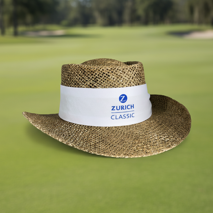 Custom Logo Embroidered Straw Hat Gambler with embroidered company logo for golf tournaments and outdoor promotional events.