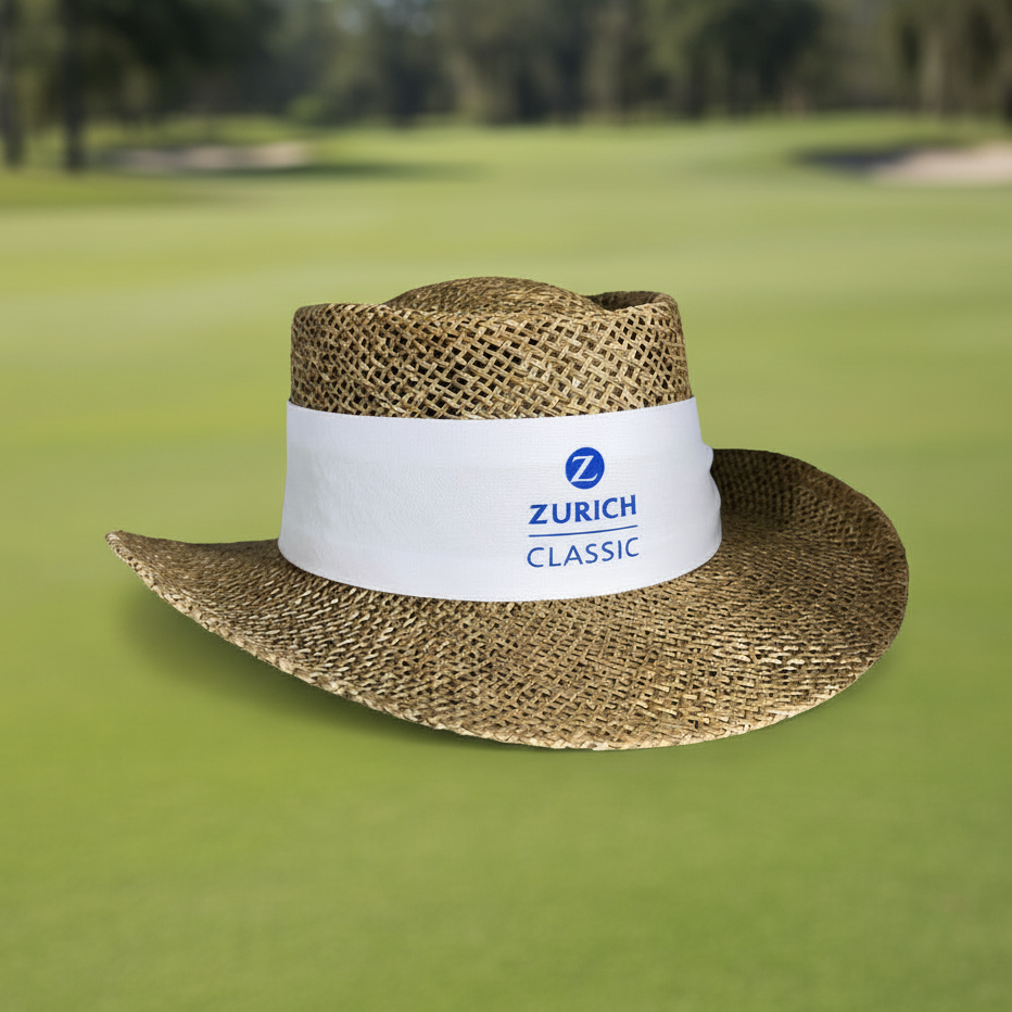 Custom Logo Embroidered Straw Hat Gambler with embroidered company logo for golf tournaments and outdoor promotional events.