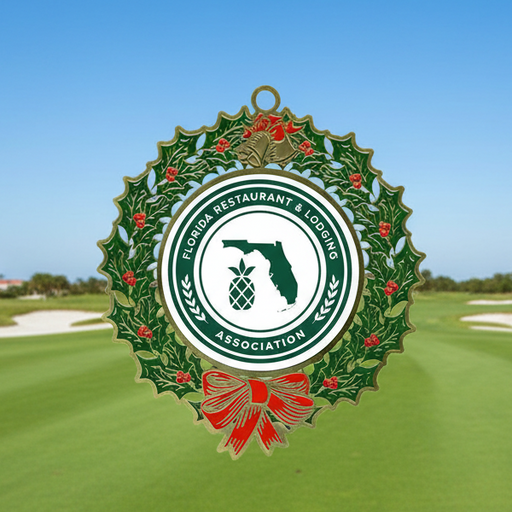 Custom Logo Enamel Filled Wreath Golf Ornament featuring antique brass finish and colorful enamel accents for golf tournament holiday gifts.
