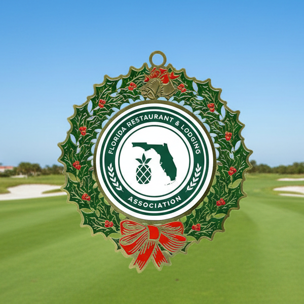 Custom Logo Enamel Filled Wreath Golf Ornament featuring antique brass finish and colorful enamel accents for golf tournament holiday gifts.