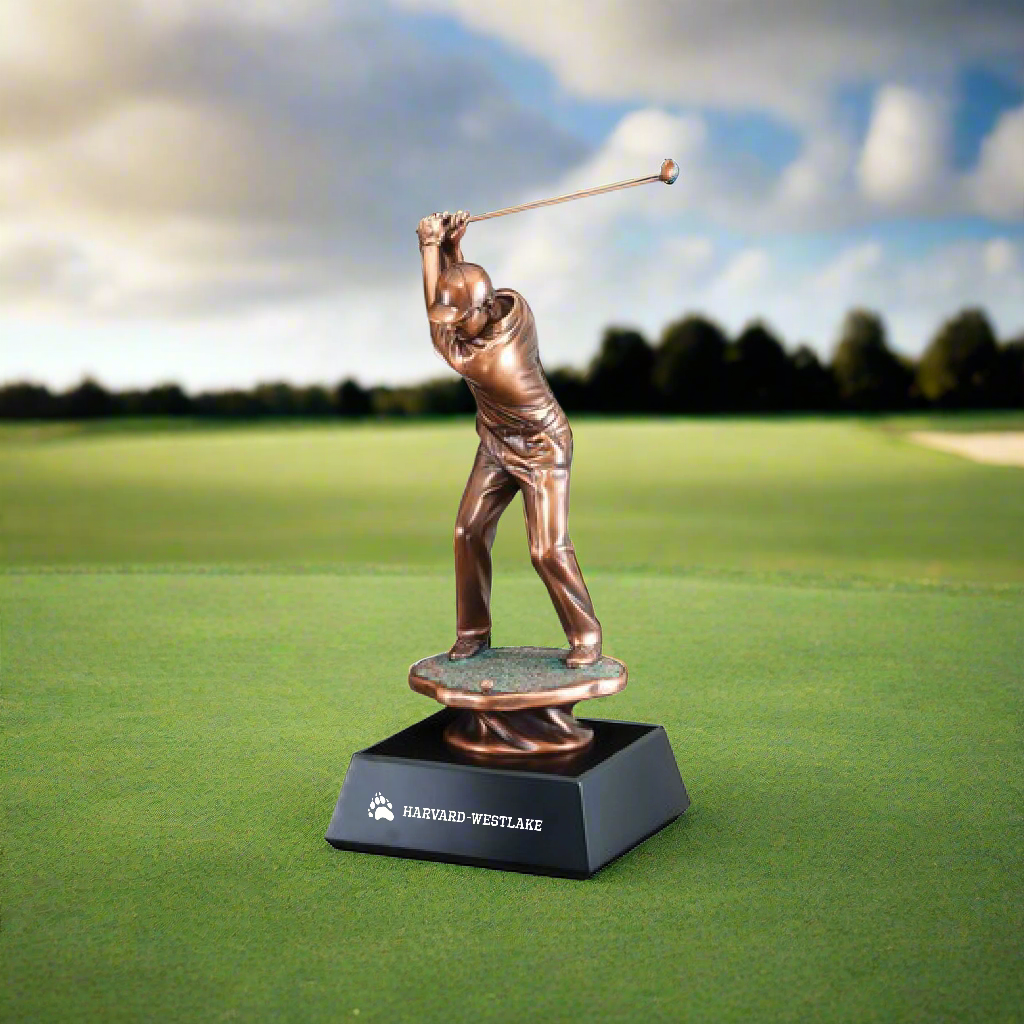 Custom Logo Engraved Bronzed Golfer Trophy with detailed golfer figure for golf tournaments, championship awards, and corporate recognition.
